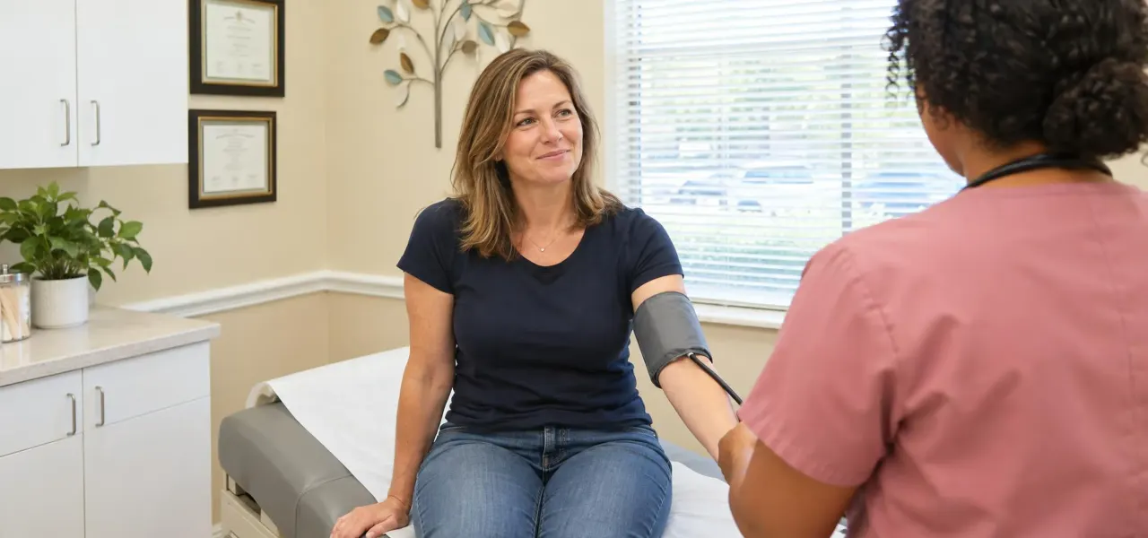 Annual physical exam in progress at Advanced Optimal Healthcare in Lutz, FL, provider checking blood pressure