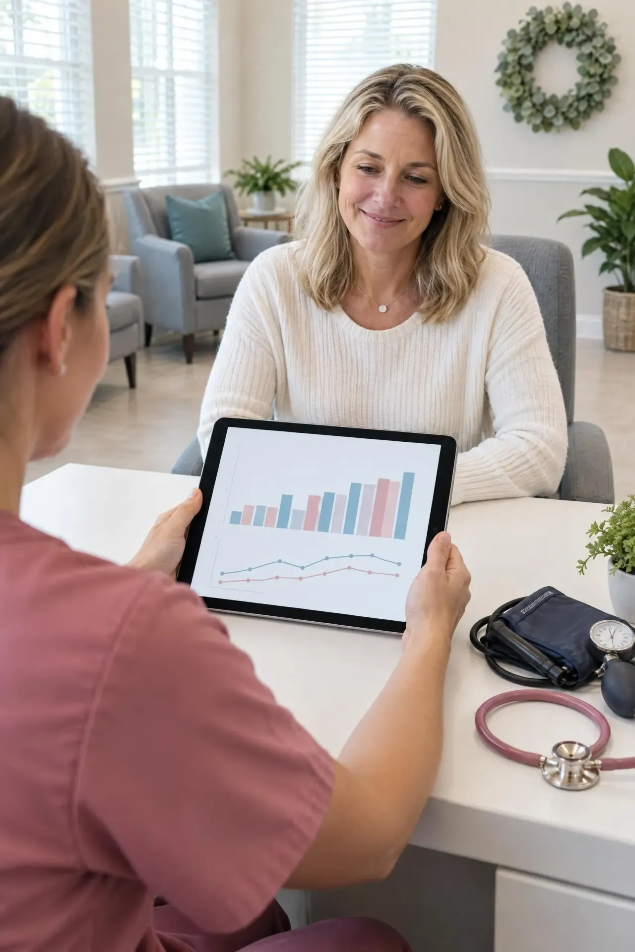 Year-over-year lab and blood pressure trends reviewed on screen with a patient in Lutz, FL