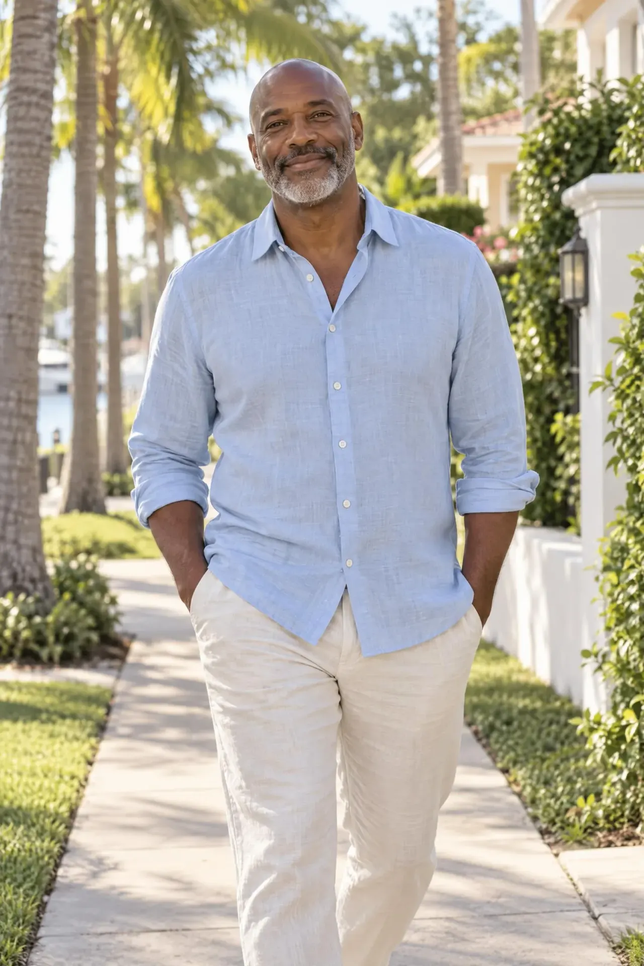 Relaxed man in his fifties walking a palm-lined sidewalk in Lutz, FL, an adult candidate for an Exomind evaluation
