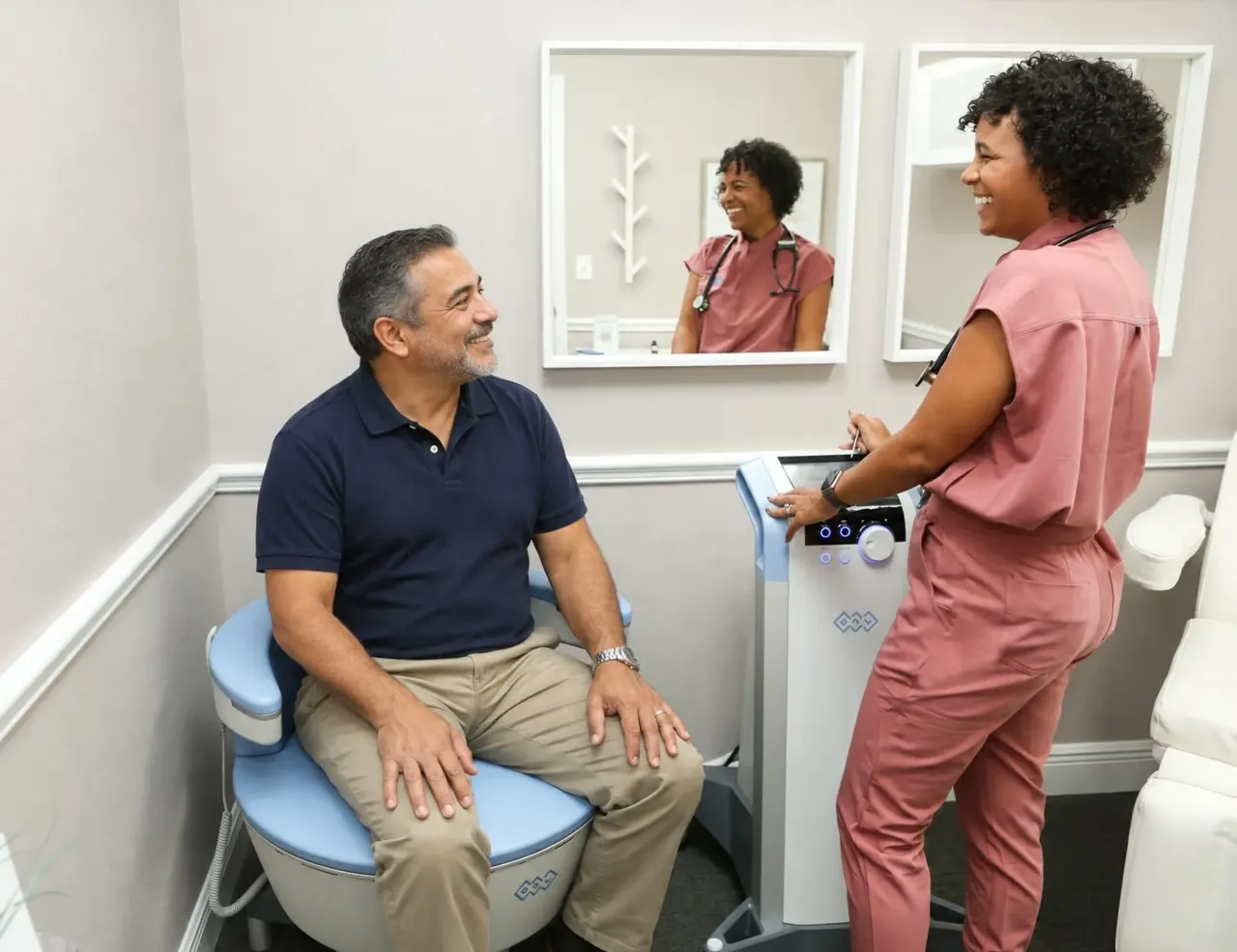 Emsella chair in Lutz, FL with a fully clothed patient seated for pelvic floor therapy at Advanced Optimal Healthcare
