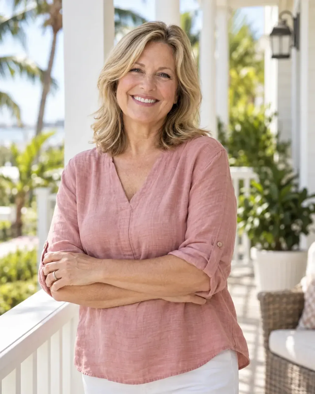 Confident woman in her early fifties outdoors in Lutz, FL, a candidate profile for hormone replacement therapy