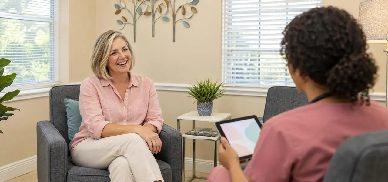 Woman in her fifties discussing hormone replacement therapy with her provider at Advanced Optimal Healthcare in Lutz, FL