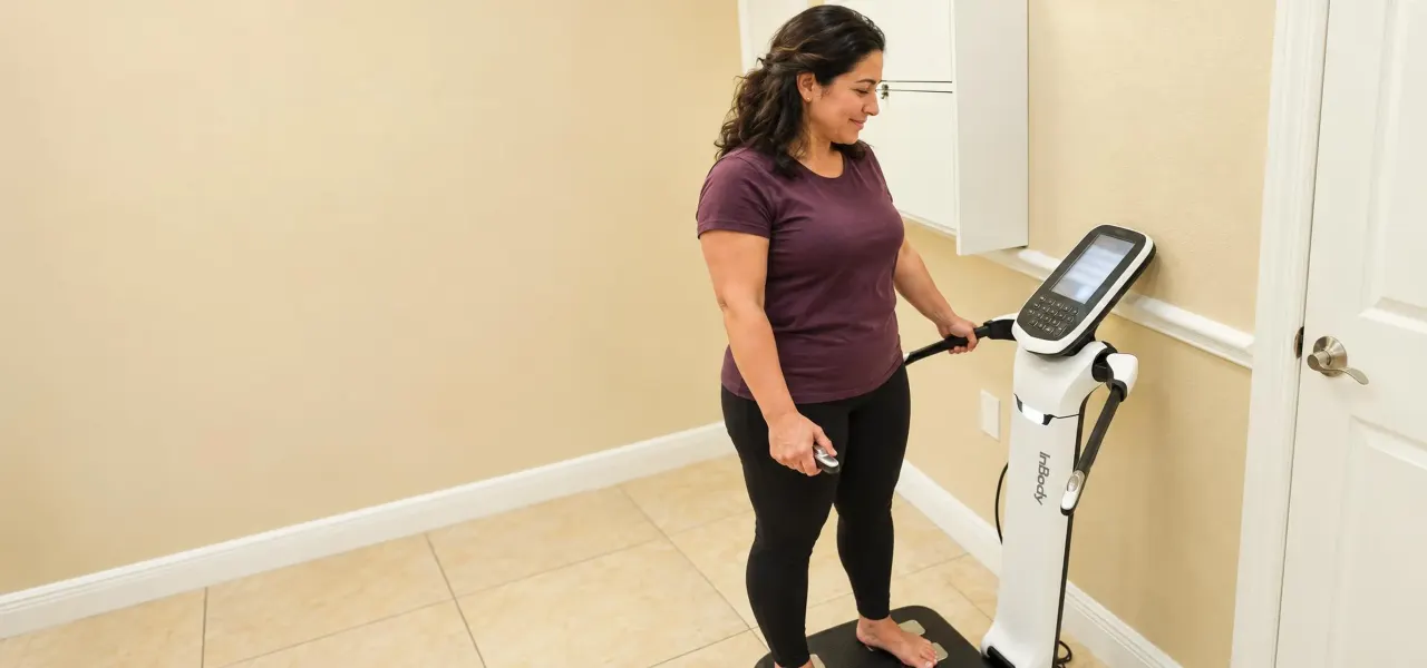 InBody scan in progress at Advanced Optimal Healthcare in Lutz, FL, patient standing on the InBody 380 analyzer