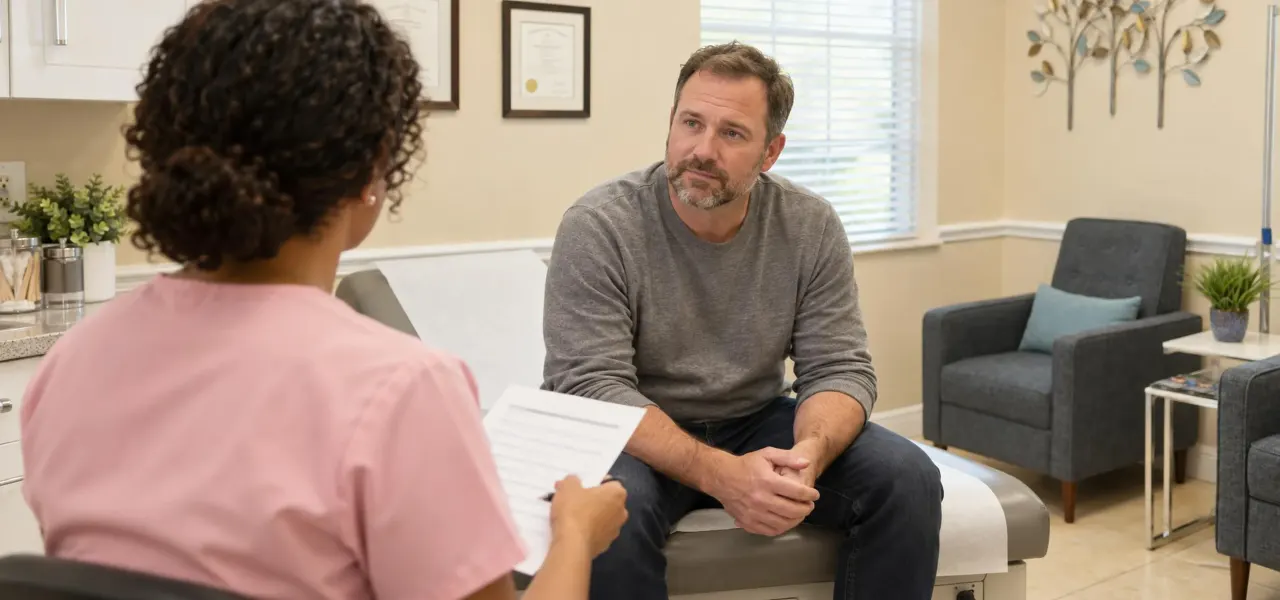 Man reviewing testosterone lab results with his provider at Advanced Optimal Healthcare in Lutz, FL
